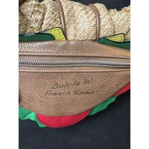 Betsey Johnson Croissant Sandwich Purse Wristlet Bag w Eiffel Tower +Flag Zip